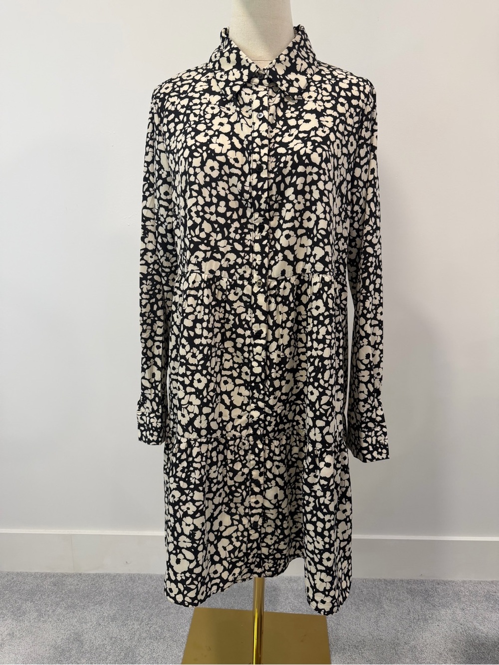 SHEIN Black and Cream Long Sleeve Floral Shirt Dress